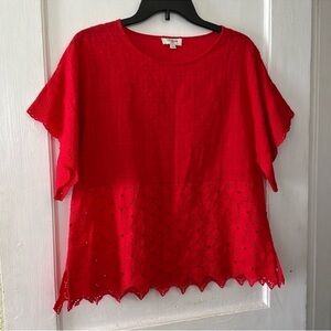 Umgee Boho Boxy Clip Dot Blouse with Eyelet Lace Detail
